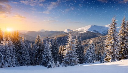 snowy mountain landscape at sunset with frosted pine trees and gentle snowfall creating a peaceful winter scene