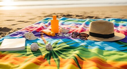 Beach essentials arranged on a colorful towel with ocean backdrop on a sunny day at the beach scene