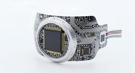 The intricate components of a digital camera sensor and circuit board. 