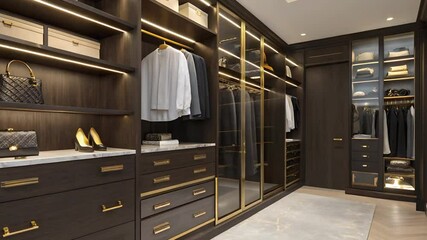 A luxurious walk in closet with dark wood cabinetry gold accents and elegant lighting design
