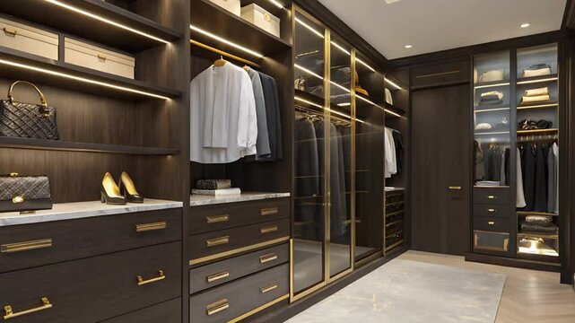 A luxurious walk in closet with dark wood cabinetry gold accents and elegant lighting design