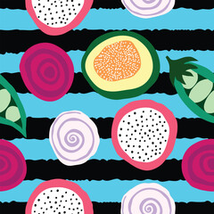 vegetables and fruits with abstract black stripes seamless pattern. pitaya, onion rings, pink beetroots, papaya, peas on black stripes with blue background seamless pattern. Good for textile, fabric.