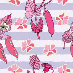 pink peas with leaves and flowers on pink stripes seamless pattern. pink peas plants, pink flower with yellow outline seamless pattern. It is good for tiles, decoration, packaging, fabric and textile.