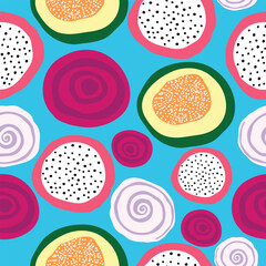 vegetables and fruit slices hand drawn seamless pattern. pitaya, papaya, onion rings, beetroot slices seamless pattern. It is good for tiles, packaging, textile, fabric and more.