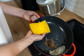 iron, pan wash dishes, kitchen, food, dirty, greasy, burnt food, cleaning, water, kitchen faucet,...