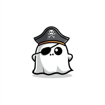 A humorous pirate ghost with an eye patch and skull hat, standing confidently in a fun and playful vector style.