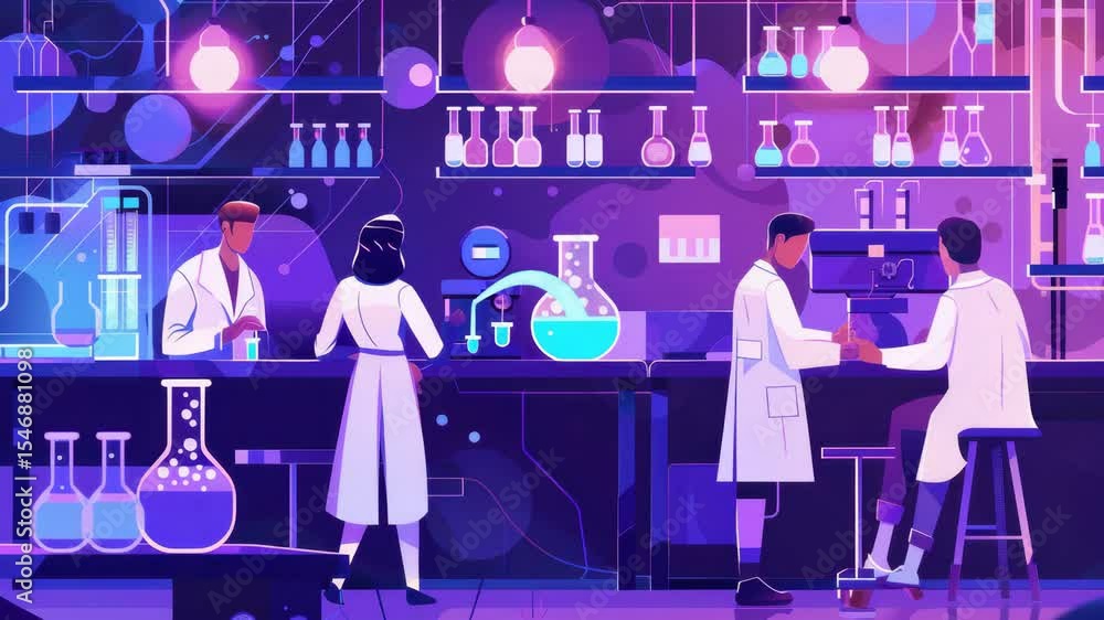 Poster collaboration in a modern laboratory with scientists conducting experiments in a vibrant, high-tech 