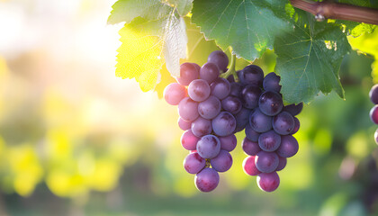 Fototapeta premium Ripe grapes hang on branches in orchard. Sweet fruits at farm. Eco background, sunny summer autumn day. Harvesting in countryside