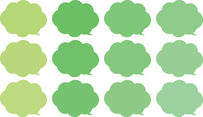 All the bubbles have a distinctive, rounded, cloud-like, or scalloped edge design. This vector image features twelve speech bubbles