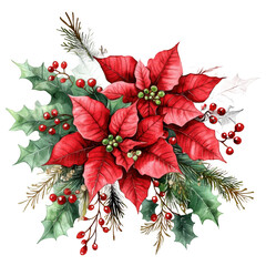 Vibrant red poinsettia flowers surrounded by green leaves and berries, ideal for festive decorations