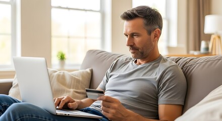 Fototapeta premium Man working in the morning in the living room with notebook and drinking coffee