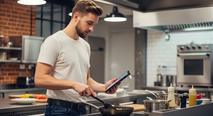 Man watching recipe video while cooking in his home kitchen