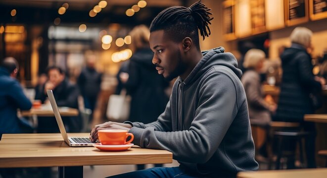 Young black man with dreadlocks working remotely on laptop in coffee shop, cup of coffee next to him, concentrated - Powered by Adobe