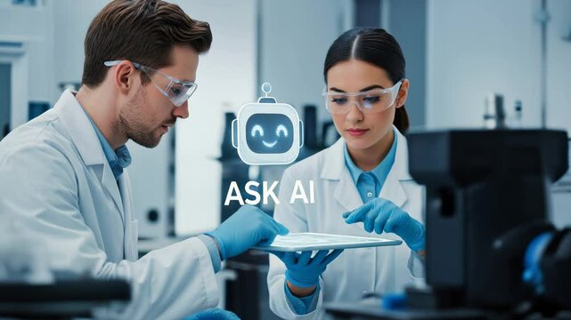 Male and female medical scientists asking a virtual holographic AI bot for answers to their technical scientific questions as the camera rotates around them