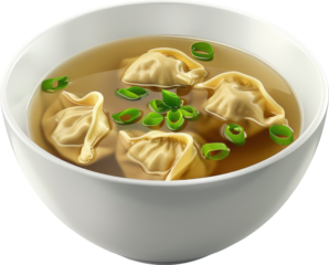 Steaming Wonton Soup in White Bowl with Scallion Garnish on White Background