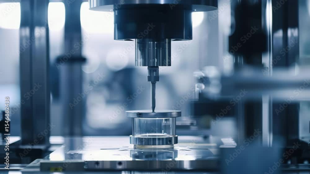 Poster advanced precision machinery working with optical components in a modern manufacturing facility duri