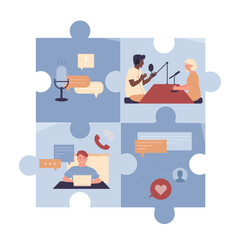 People listen and record audio podcast or online show in puzzle vector illustration. Cartoon speech of conversation of man with microphone and headphones and woman, person listening live show