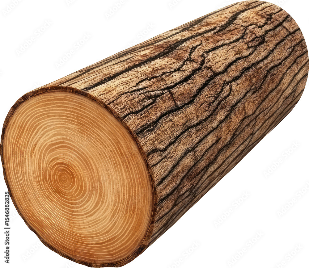 Poster angled view of a detailed log section with visible growth rings and bark texture