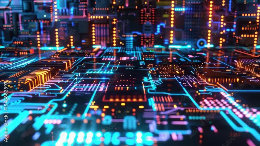 Aufkleber Vibrant neon circuit board with glowing patterns and intricate electronic components in 4k resolution