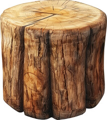 Isolated tree stump with visible growth rings and textured bark on white background