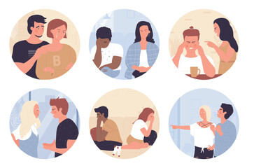 Couple of woman and man quarrel in round avatar set vector illustration. Cartoon angry wife and husband quarreling, married sad two unhappy persons with problem in relationship. Divorce concept