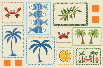 Hand Drawn Vector Set of Tropical Summer Elements with Palm Trees Fishes Crabs Lemon Olive and Nautical Beach Theme for Holiday Design, Italian summer Mediterranean trendy postage stamps.