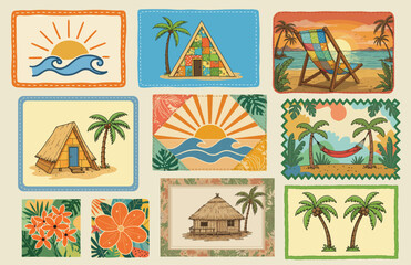 Tropical Beach Summer Elements Vector Set with Huts Palm Trees Flowers Sun and Sunset Illustrations for Vacation and Holiday Designs, Italian summer Mediterranean trendy postage stamps.