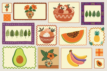 Vintage Tropical Summer Fruit and Leaf Pattern Elements Vector Set with Boho Floral Style for Seasonal Decoration and Design Assets, Italian summer Mediterranean trendy postage stamps.
