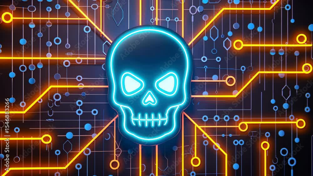 Poster cyber threat: an illuminated skull symbol superimposed over a digital circuit board, representing th