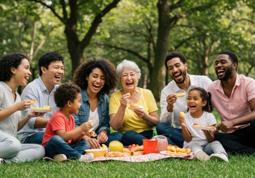 A joyful, multi-generational family with diverse ethnicities and abilities having a vibrant picnic in a public park. They are laughing, sharing food, and playing together. The shot is candid