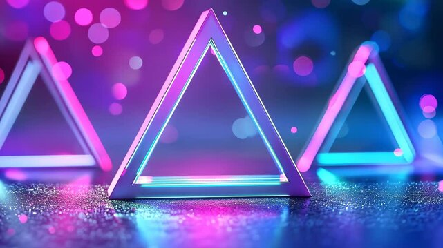 Neon Triangle Lightshow: Three vibrant neon triangles illuminate a dark, reflective surface, creating a mesmerizing and futuristic display. The bokeh effect adds a touch of magic to the scene.