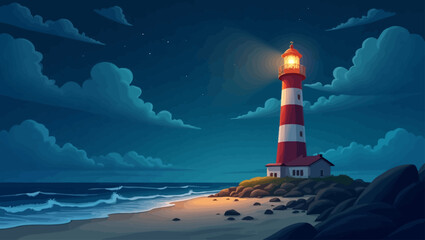 Peaceful night lighthouse scene by the ocean with glowing light, calm waves, and cloudy sky in a serene vector style.