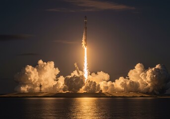 The moment of a massive rocket launch from a coastal launchpad. Enormous plumes of smoke and fire billow out, illuminating the dark, pre-dawn sky. The power of the launch is so immense that it creates