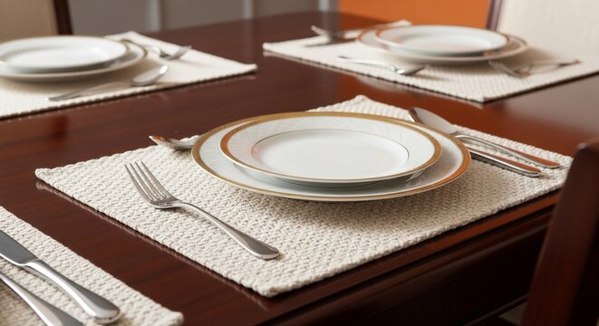 Elegant dining table setting with pristine tableware on woven placemats