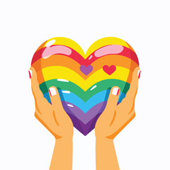 Diverse hands lifting heart with LGBT pride flag in flat style icon for love and support
