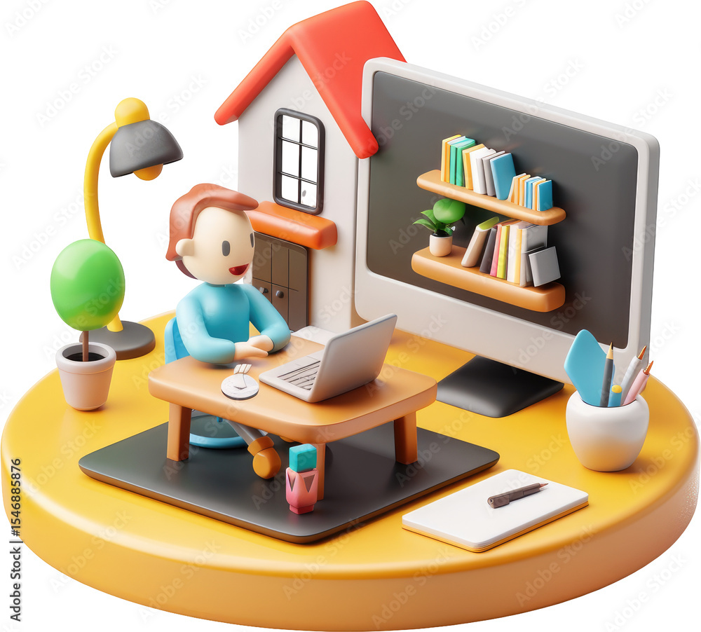 Poster cartoon man working from home with laptop and virtual bookshelf on computer
