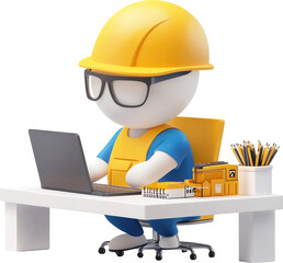 Cartoon Construction Worker Character Working on Laptop at Desk