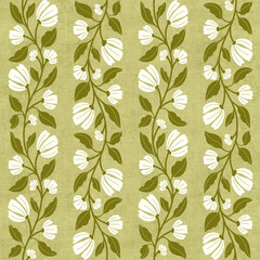 Seamless Pattern Vertical Stripes by Retro Flowers in White and Green