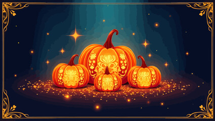 Glowing carved pumpkins with sparkles and floral patterns on dark background, creating a magical Halloween atmosphere.
