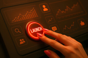 A hand reaching to press launch button on modern digital interface with graphical data visualization