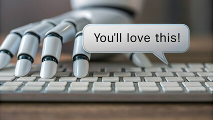 AI Personalized Ads concept. robotic hand interacts with keyboard, showcasing future of personalized advertising in digital ads