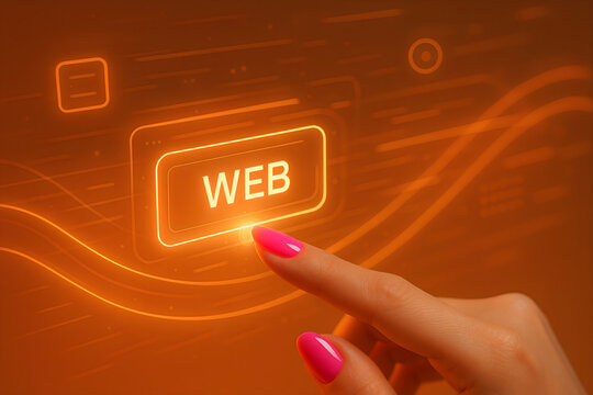 A glowing web button activation with a finger against an orange background represents online connectivity and internet access
