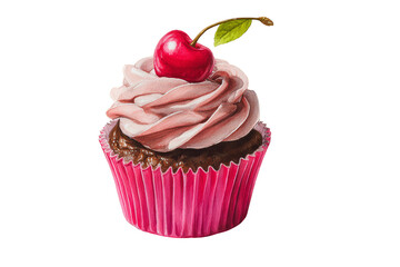 Delicious Chocolate Cupcake with Swirled Frosting and Cherry Topping A tempting dessert treat perfect for bakery menus or culinary websites, transparent background