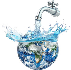 Earth globe with faucet pouring water, symbolizing water resources and conservation