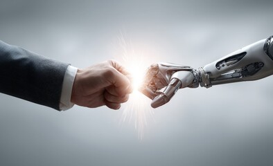 Human Hand and Robotic Arm Connect Symbolizing AI Collaboration and Technological Advancement in Business