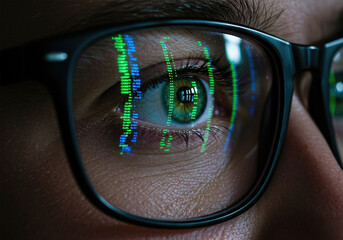 Focused developer coder wears glasses working on computer looking at programming code data cyber security digital tech reflecting in spectacles developing software program, focus on eye close up view.