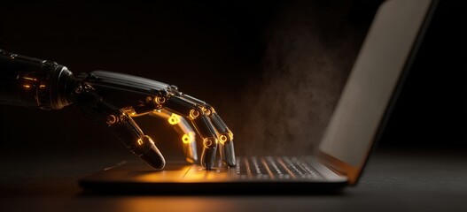Robotic hand using futuristic laptop computer technology innovation glowing digital future automation