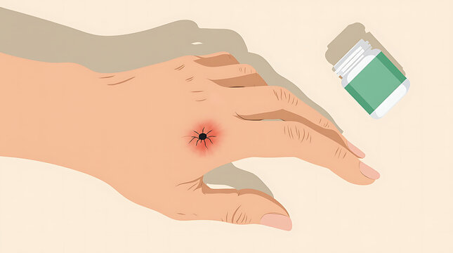 Hand with red wound from insect bite and healing aloe vera ointment on beige background