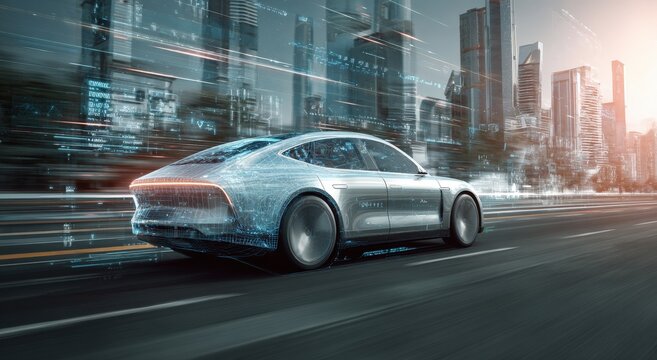Futuristic Electric Car Drives Through Modern Cityscape at Sunset