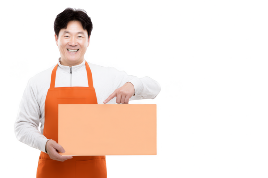 Happy Asian shopkeeper presents a blank peach sign perfect for advertising promotions sales offers discounts and business marketing announcements, transparent background